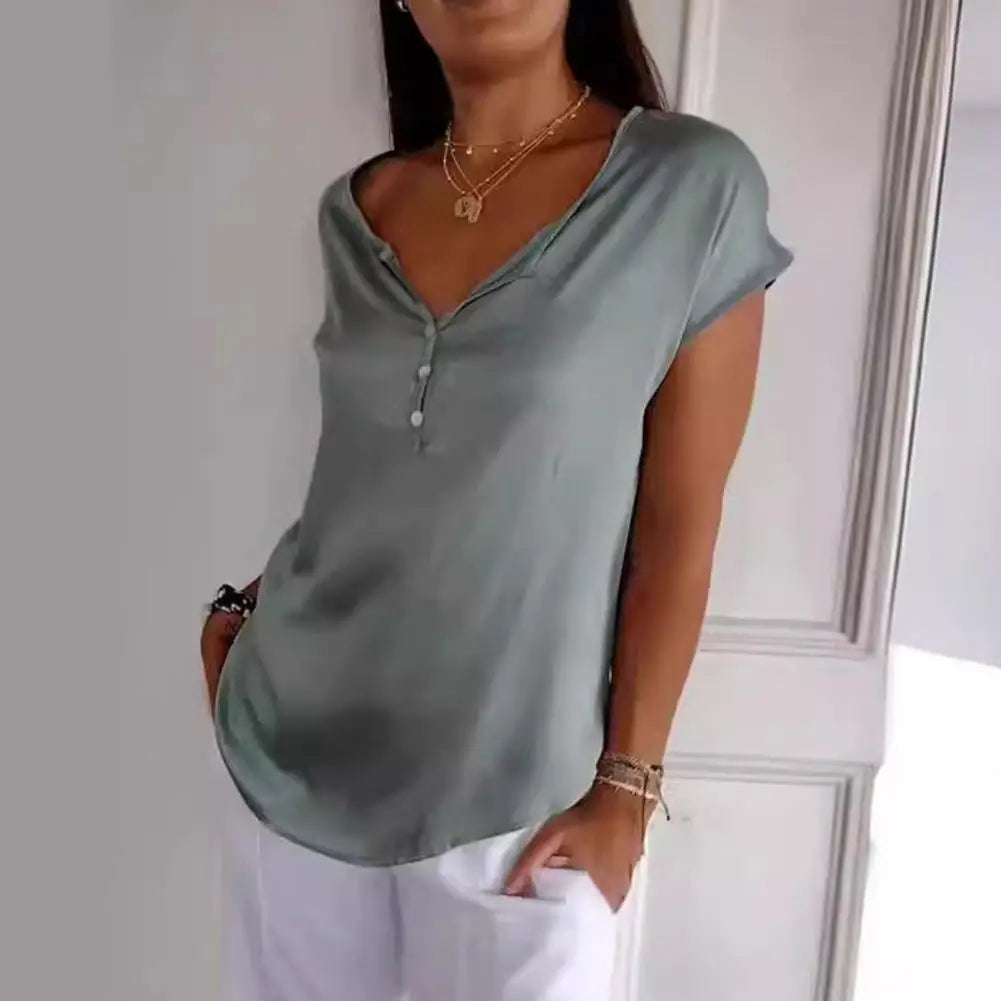 Women’s V-Neck Top with Three-Quarter Sleeves and Decorative Buttons