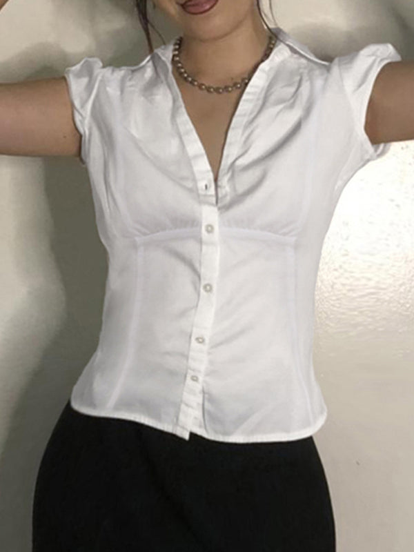 Women's Vintage V-Neck Short Sleeve Shirt with Shirt Collar and Slim Fit
