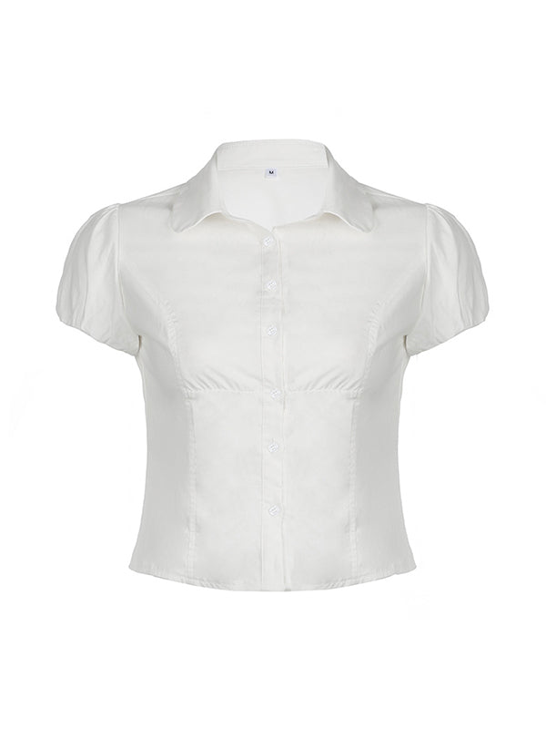 Women's Vintage V-Neck Short Sleeve Shirt with Shirt Collar and Slim Fit
