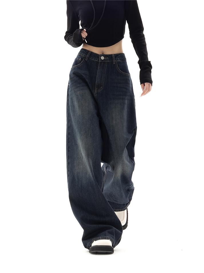 Women's  Vintage Washed Baggy Jeans with 5-Pocket Design