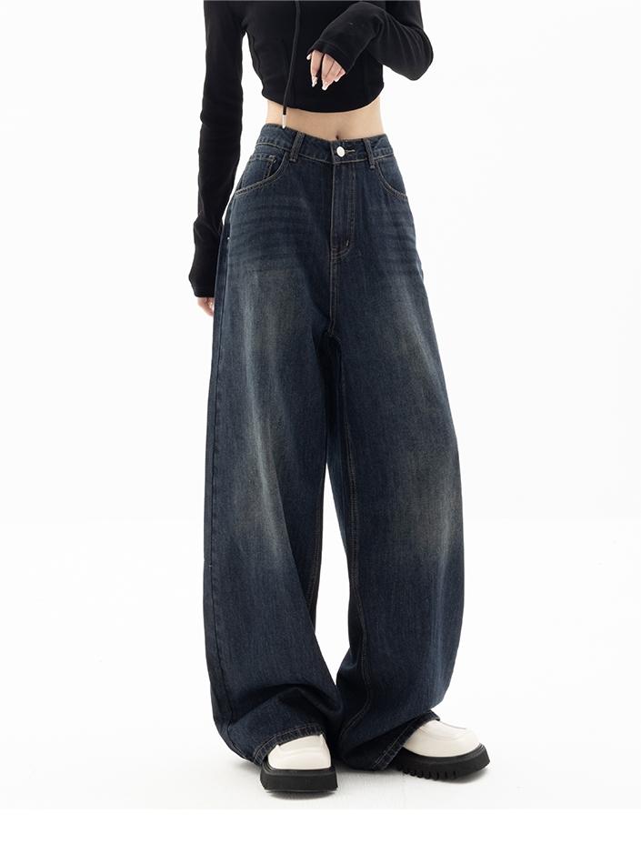 Women's  Vintage Washed Baggy Jeans with 5-Pocket Design
