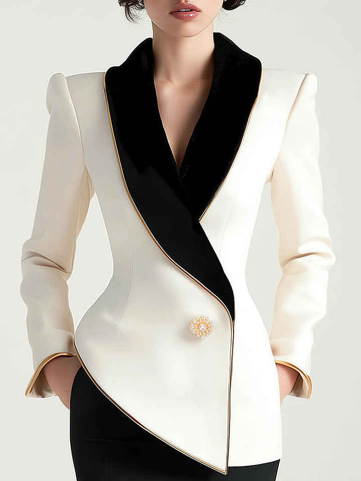 Women’s White Blazer with Black Contrast Lapels and Gold Button