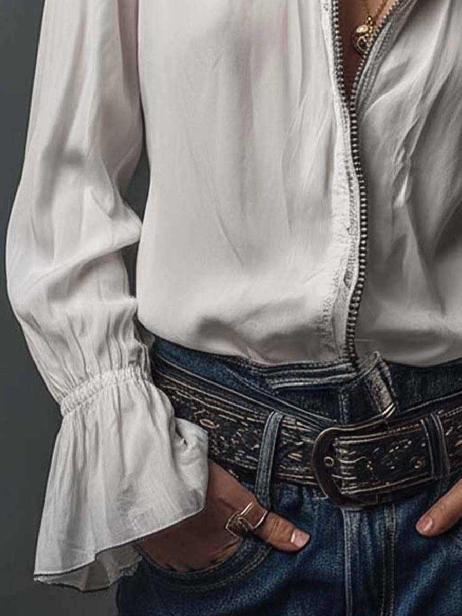 Women’s Zip-Front Blouse with Flounce Cuffs and Stand Collar