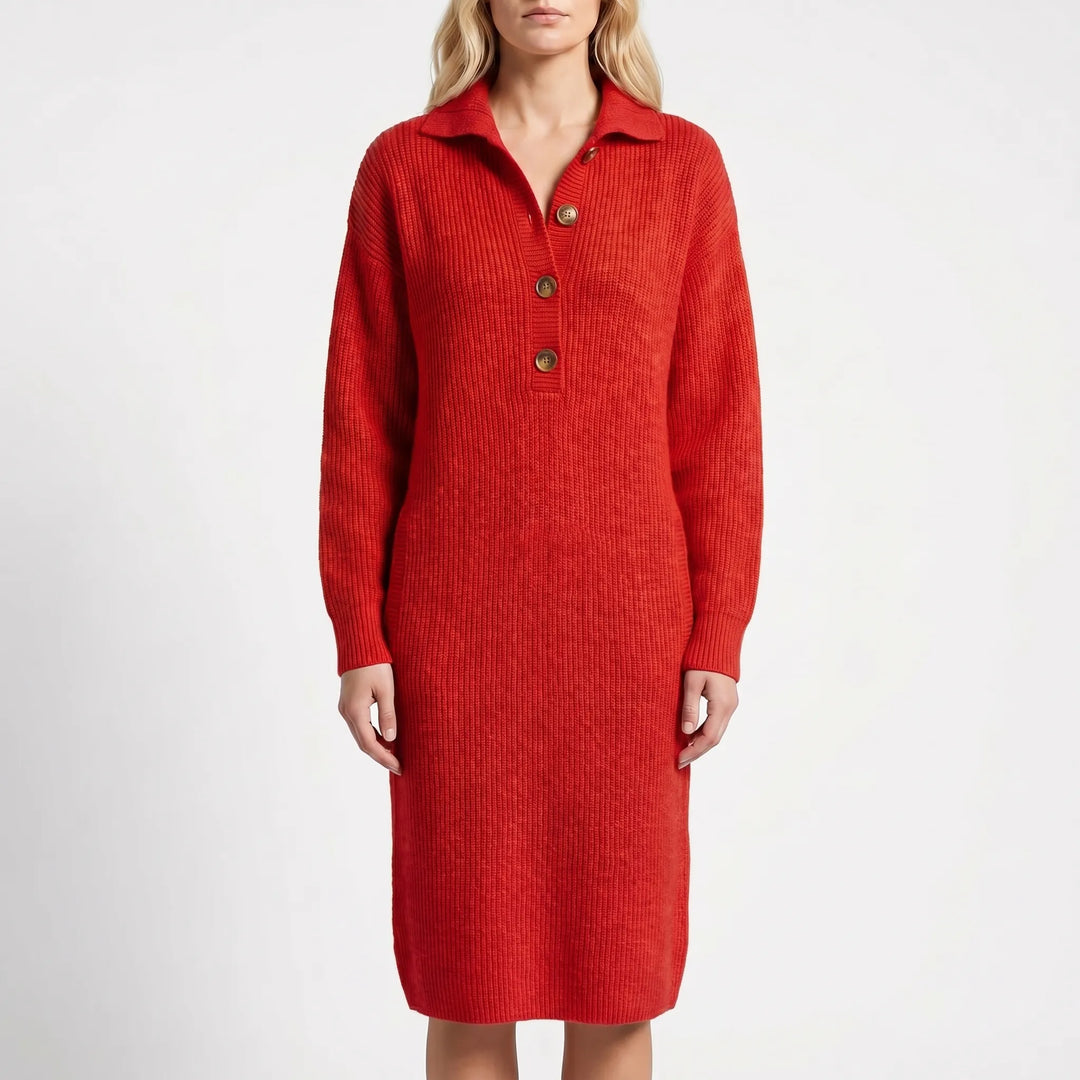 Wovelle - Long-Sleeve Collared Knit Dress
