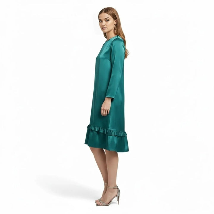 Women’s Satin Dress with Long Sleeves and Ruffle Hem