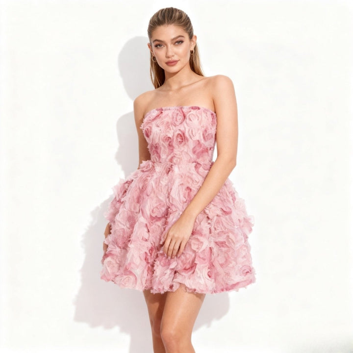 Women’s Strapless Mini Cocktail Dress with Hand-Sculpted Rosettes